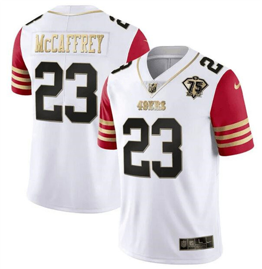 Men's White/Red San Francisco 49ers #23 Christian McCaffrey With 75th Anniversary Patch Stitched Jersey